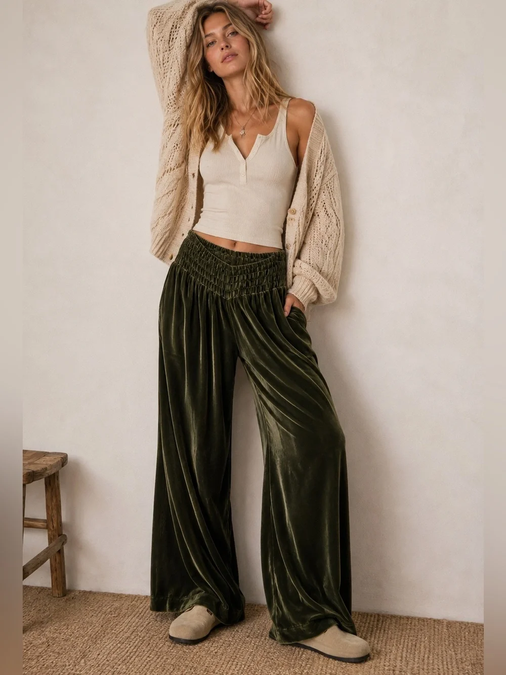 Free People Olive Velvet Wide Leg Pants Smocked Waist Boho Festival Lounge Sz 10